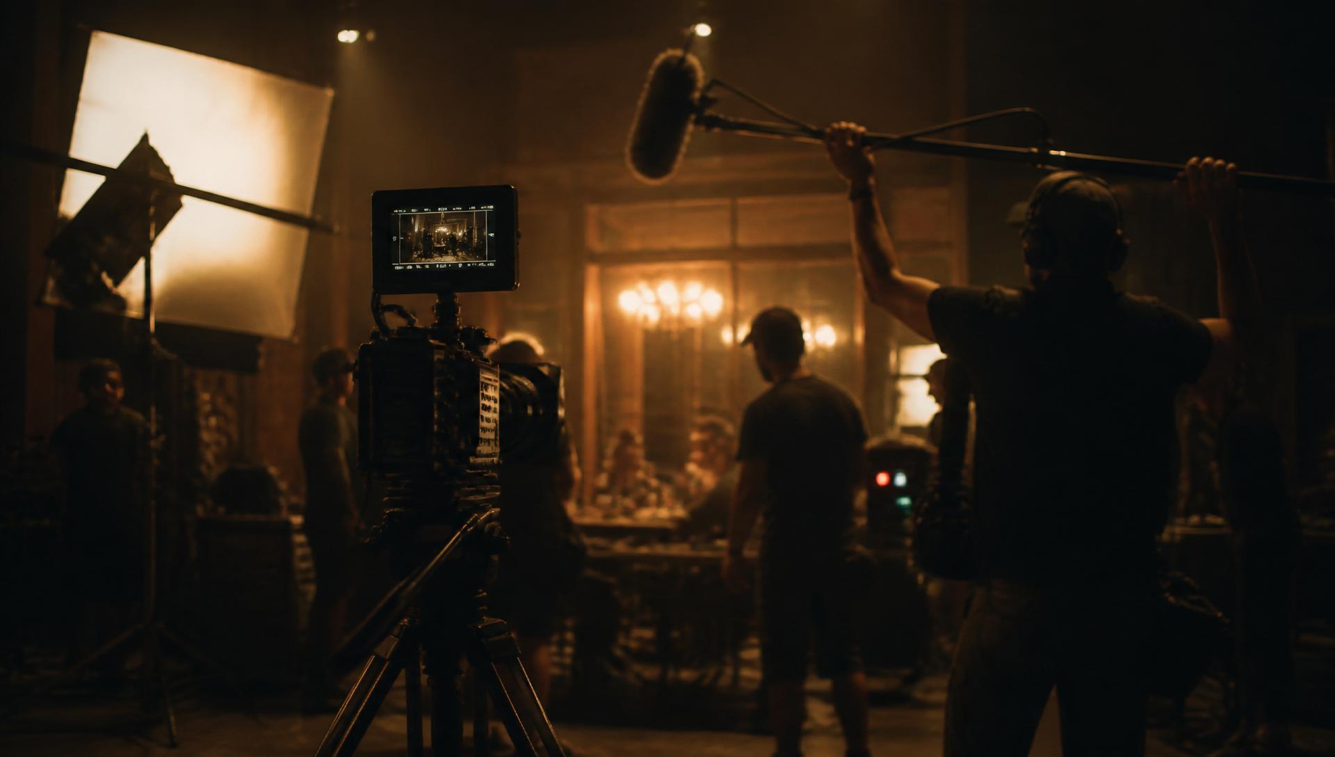 Cinematic film set with camera, lights, and sound crew